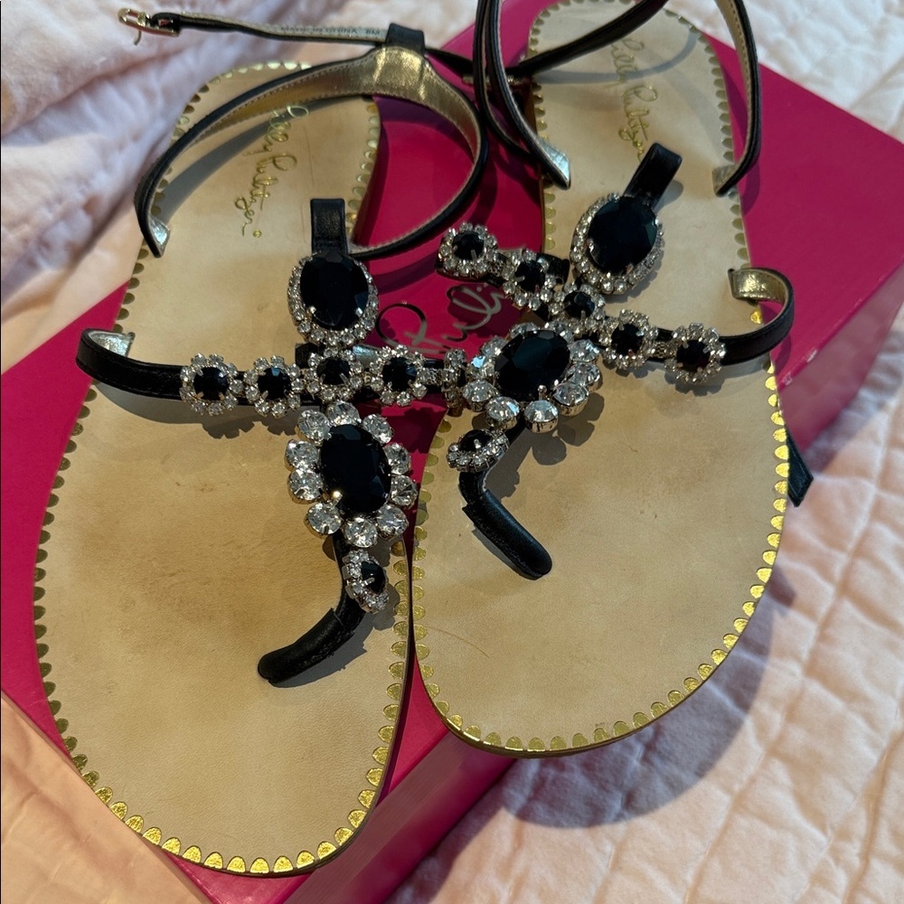 🌴 Lilly Pulitzer Katie Sandals Black Crystal Embellishment XL w box Fantastic!! - Picture 3 of 8